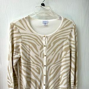 Ladies Jacqueline Smith cardigan sweater in Gold and white. Size medium